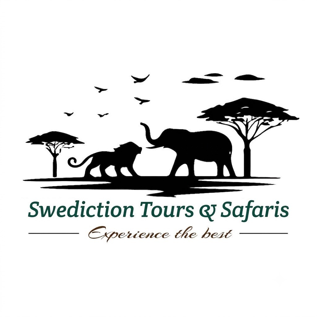 Swediction Tours & Safaris logo with lion, elephant and acacia trees